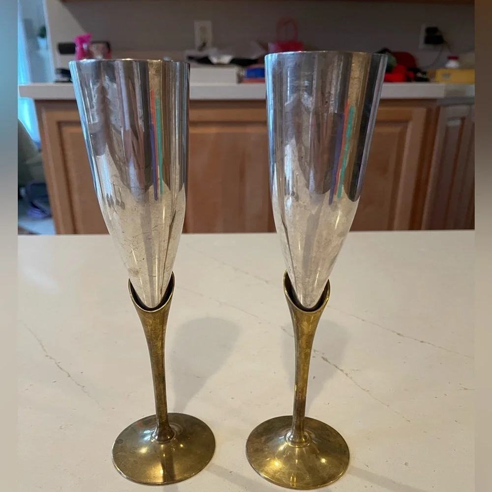 Vintage Two Tone Gold and Silver Brass  Champagne Flutes By‎ Maurice Duchin Inc